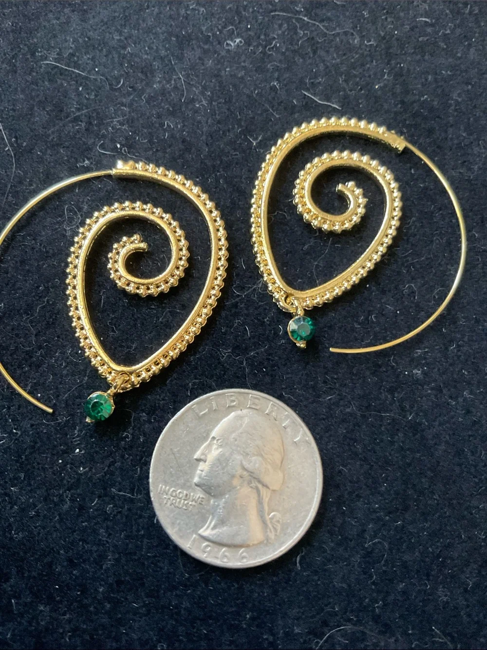 Gold Spiral Hoop Earrings with Green Gem Accent